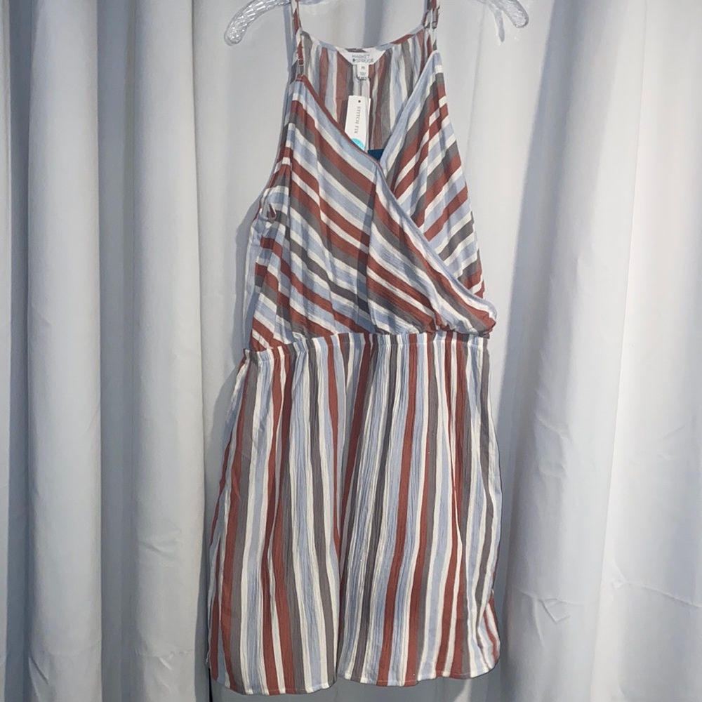 Faux wrap neutral striped mini dress
